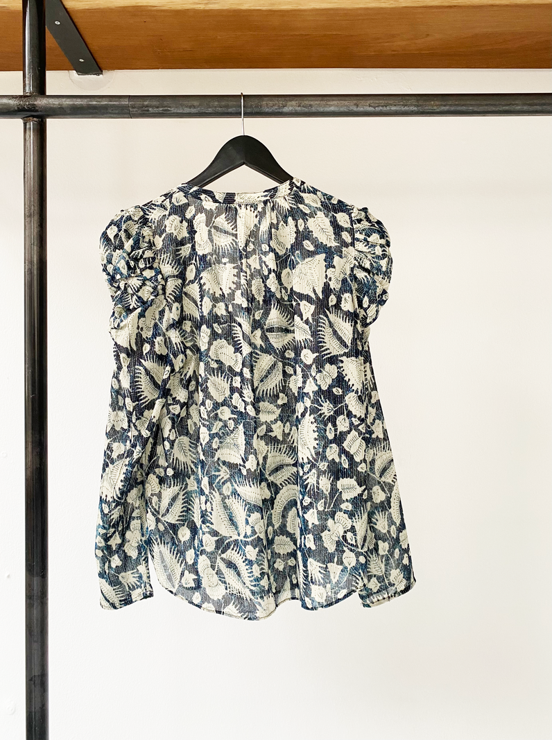 Ulla Johnson blue-ecru leaves print shirt size 4