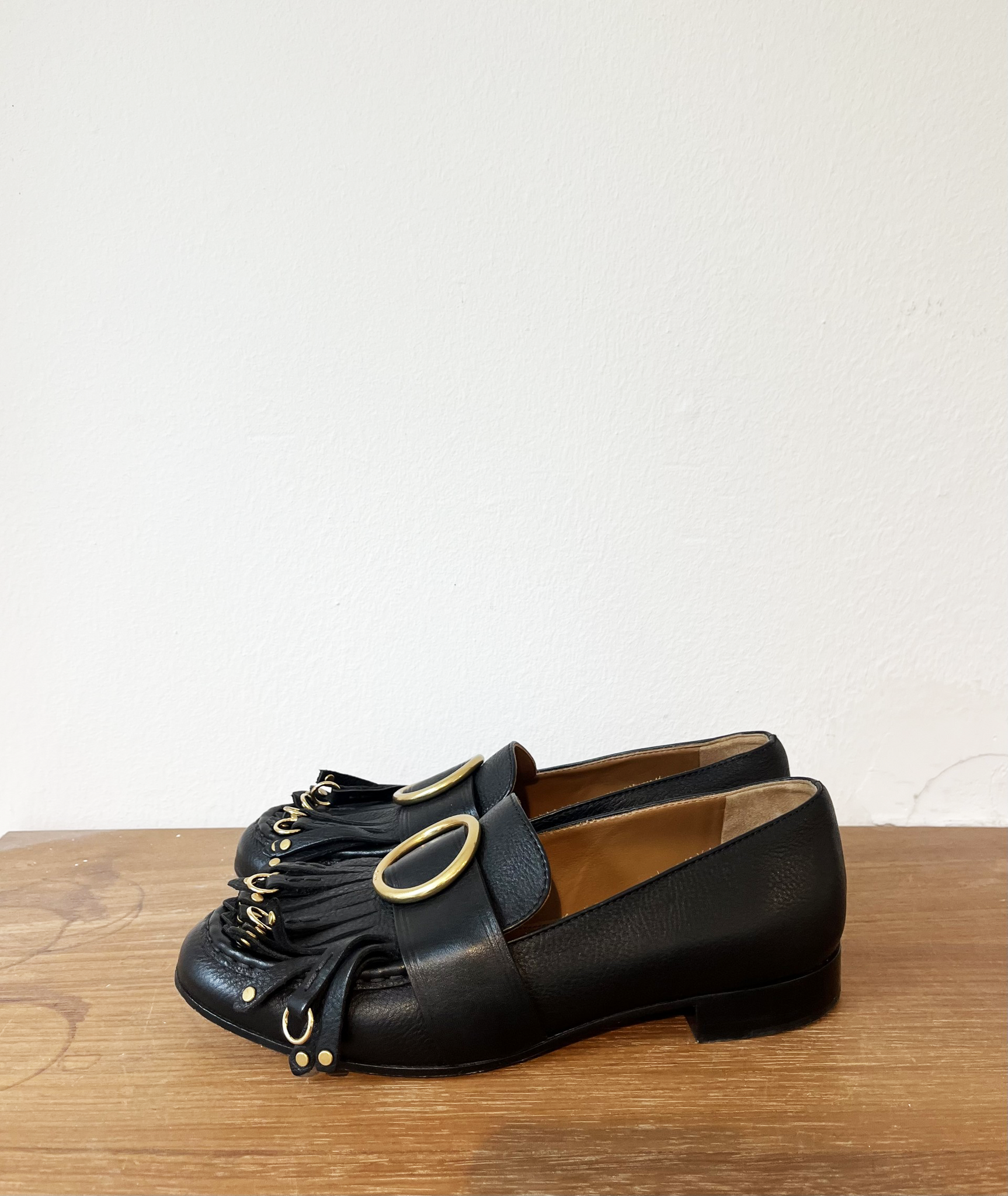 Chloé black leather fringe loafers size 37
