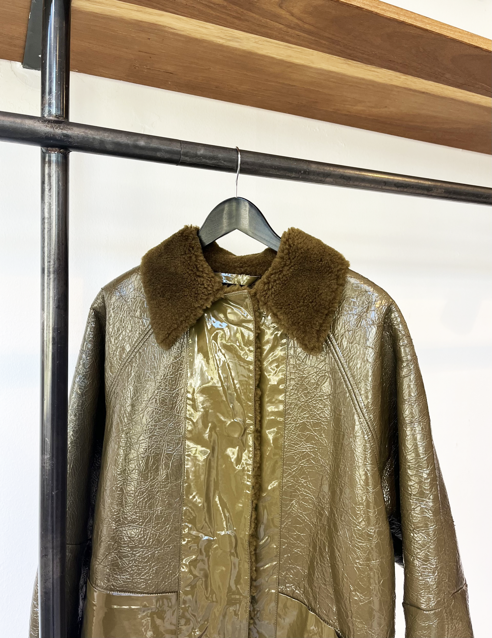 Kassl Editions patent leather moss green jacket size M