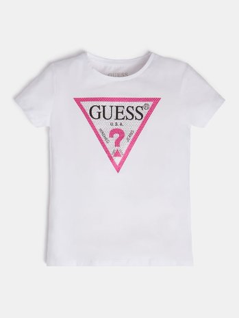 Guess T-shirt driehoeklogo strass wit Guess T-shirt driehoeklogo strass wit