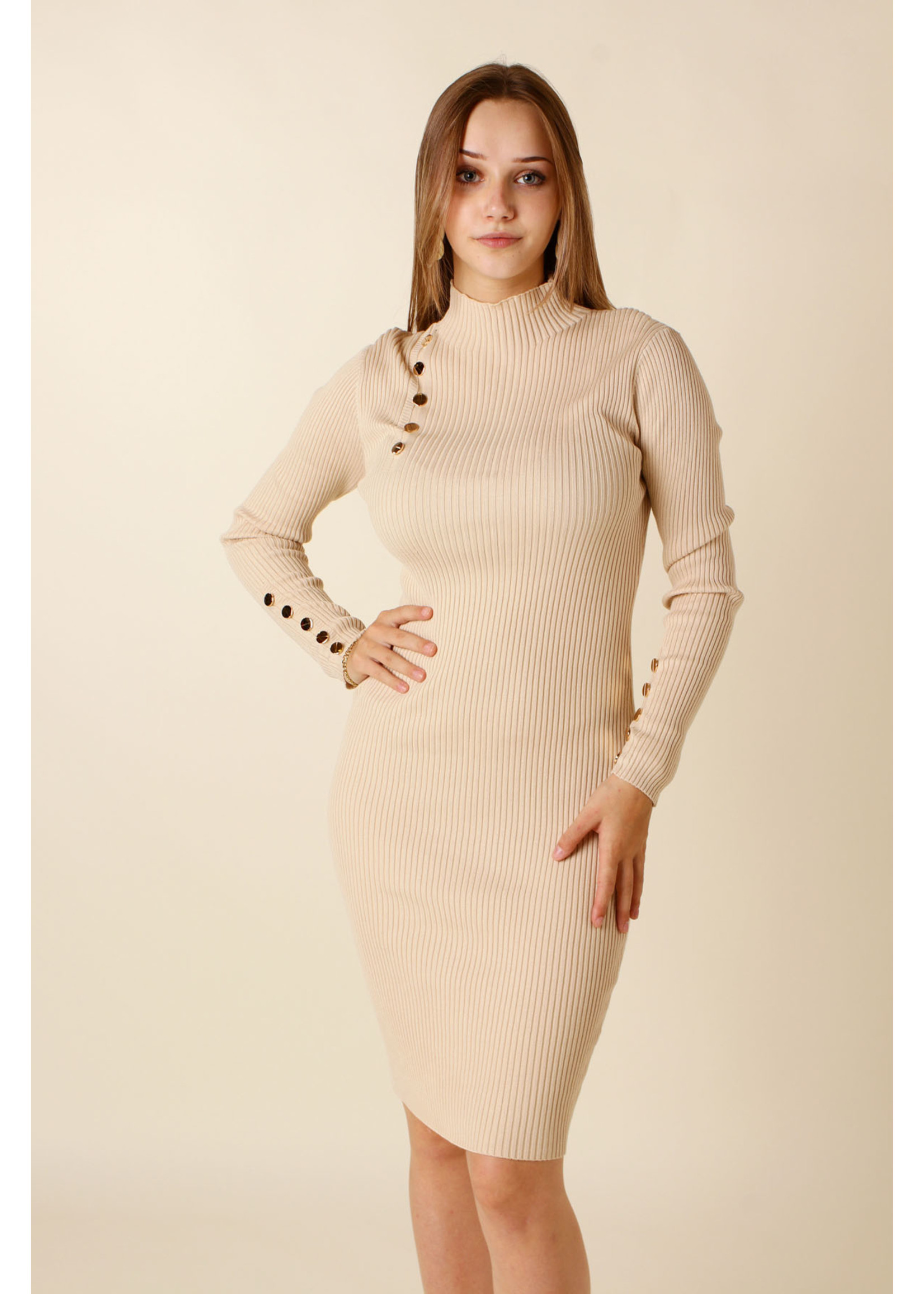 Moocci Fitted Dress Buttoned Sleeves - BEIGE