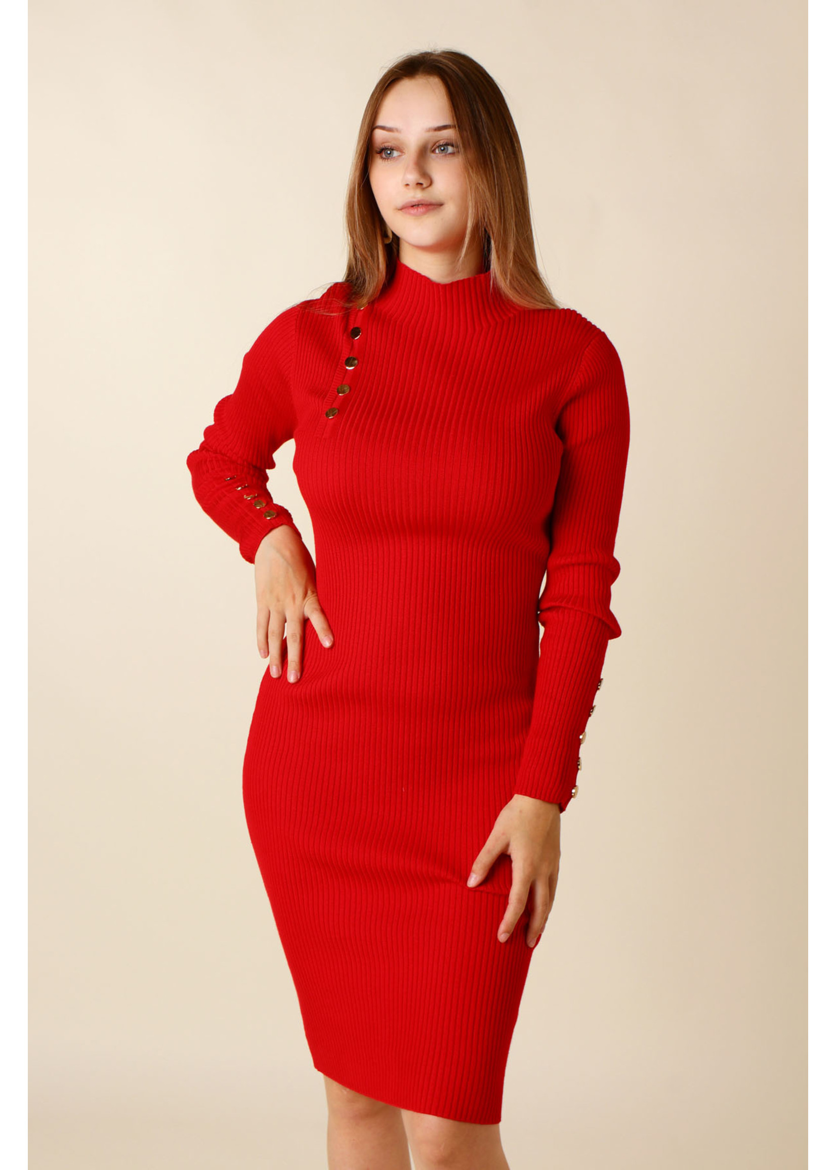 Moocci Fitted Dress Buttoned Sleeves - RED