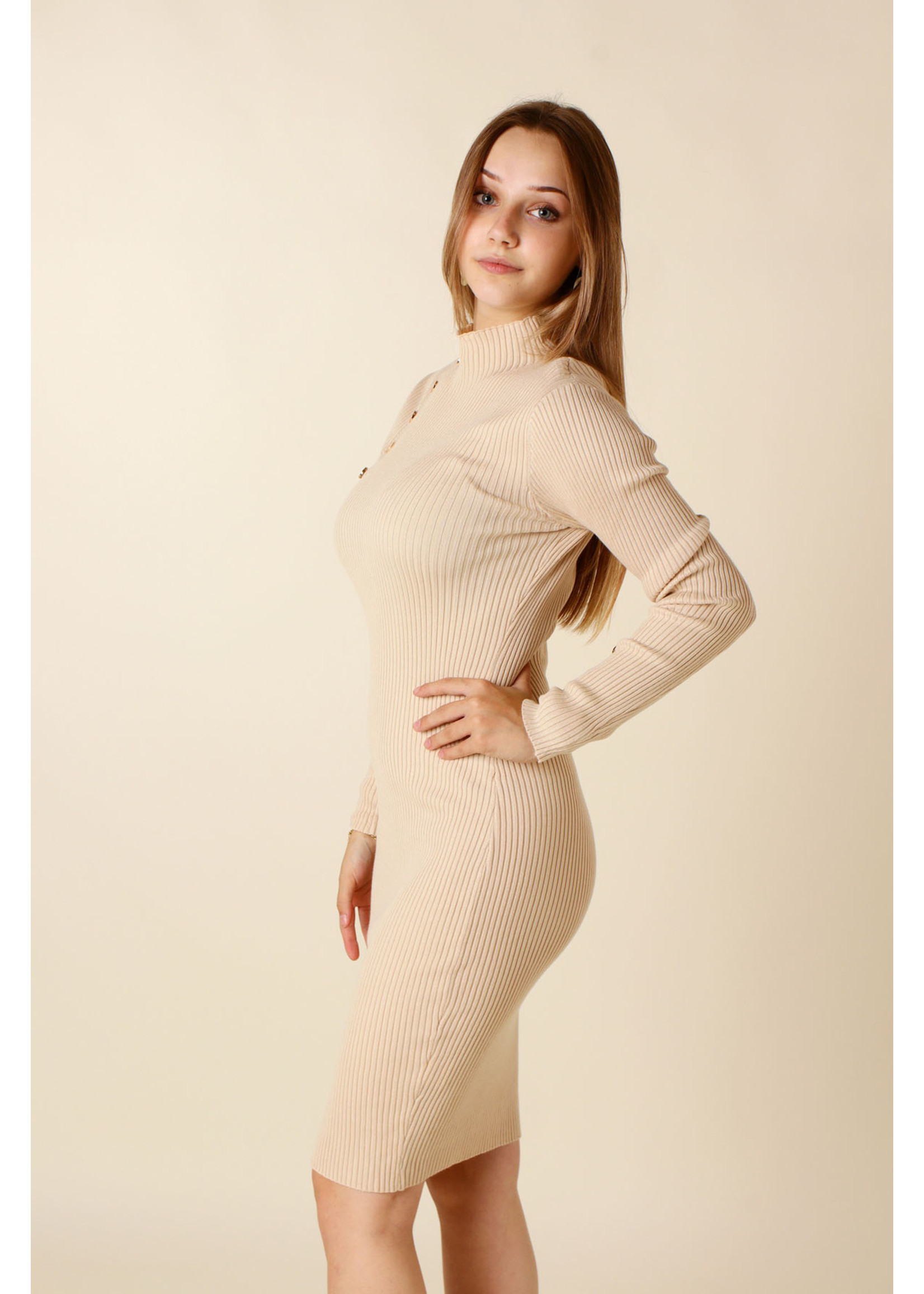Moocci Fitted Dress Buttoned Sleeves - BEIGE