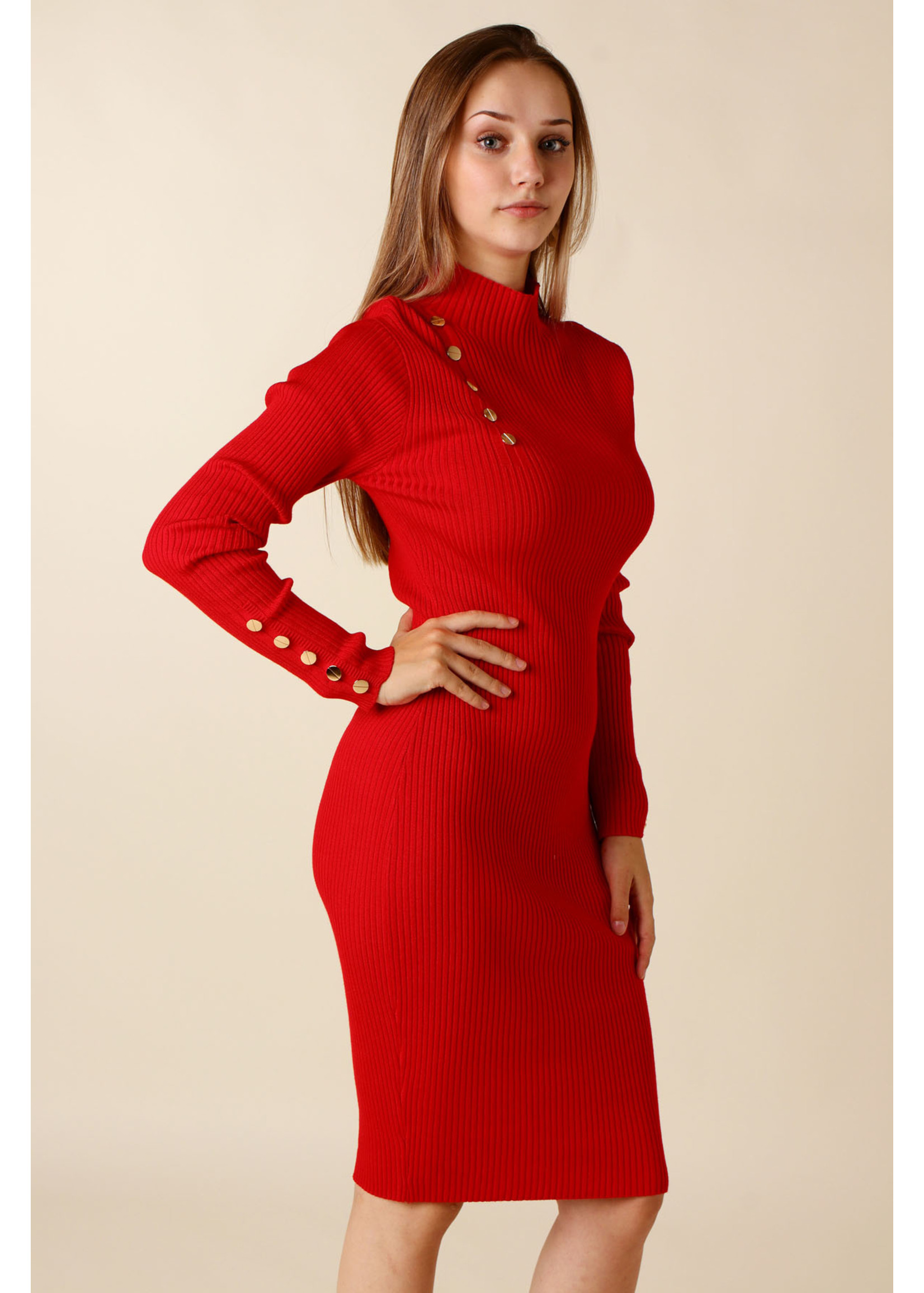 Moocci Fitted Dress Buttoned Sleeves - RED