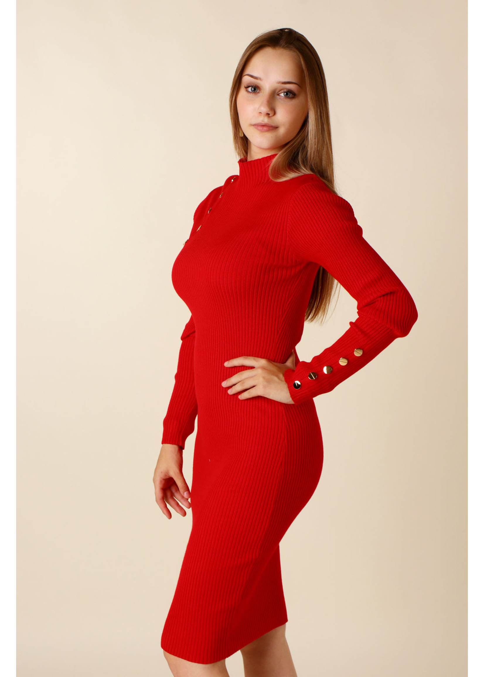 Moocci Fitted Dress Buttoned Sleeves - RED