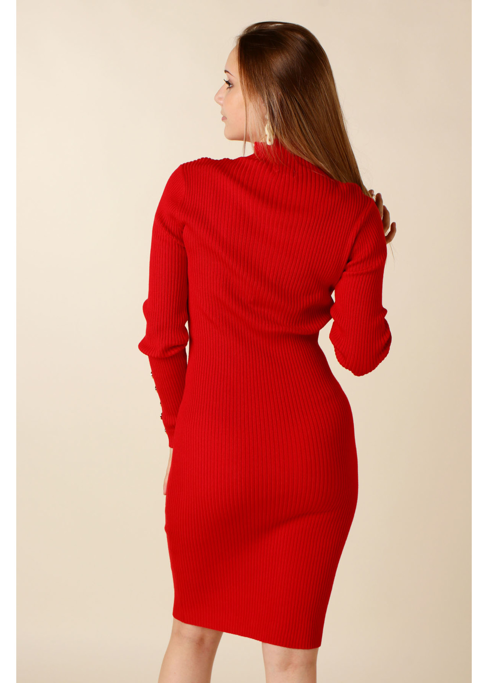 Moocci Fitted Dress Buttoned Sleeves - RED