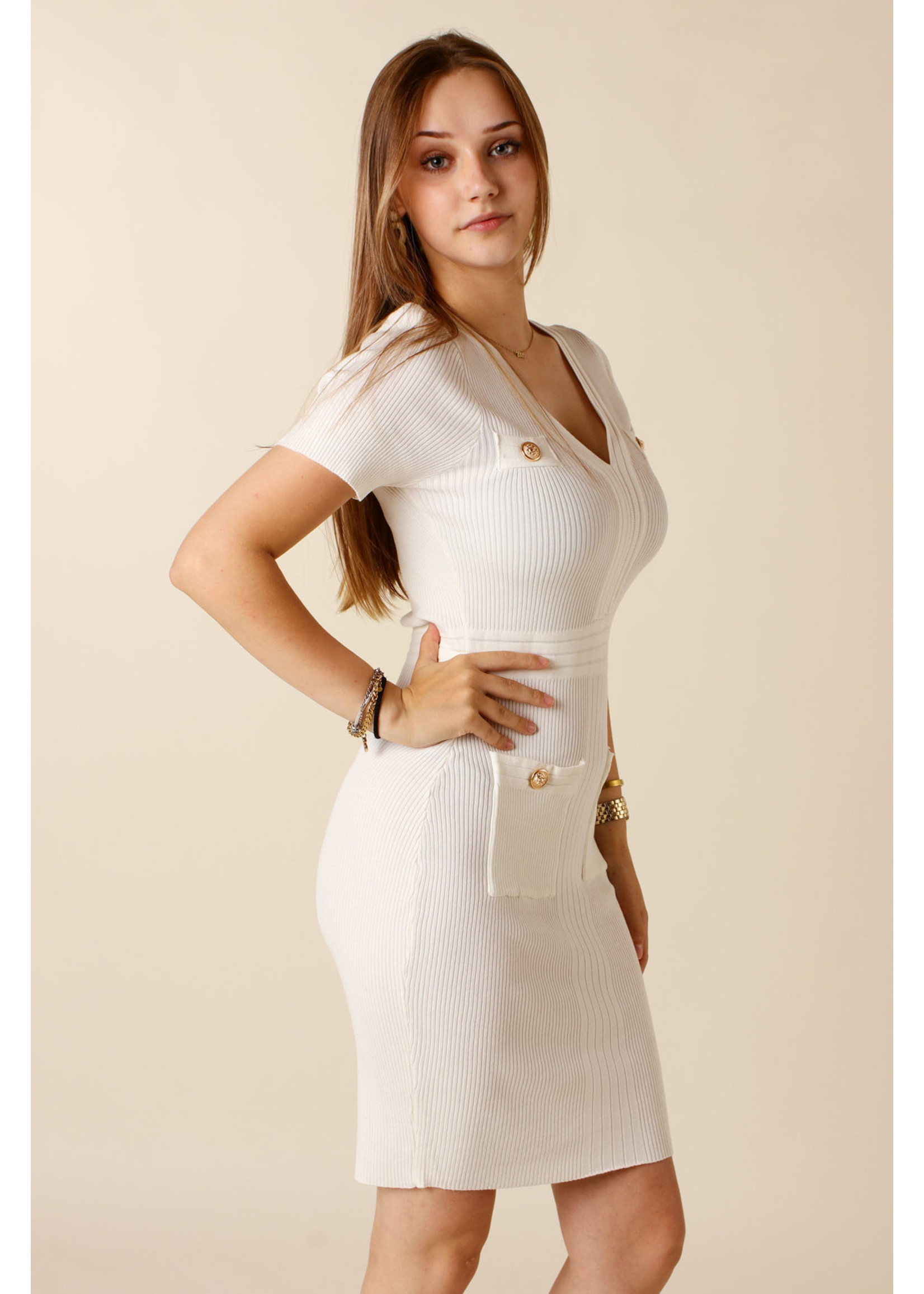 Moocci Fitted Dress Four Buttons - WHITE