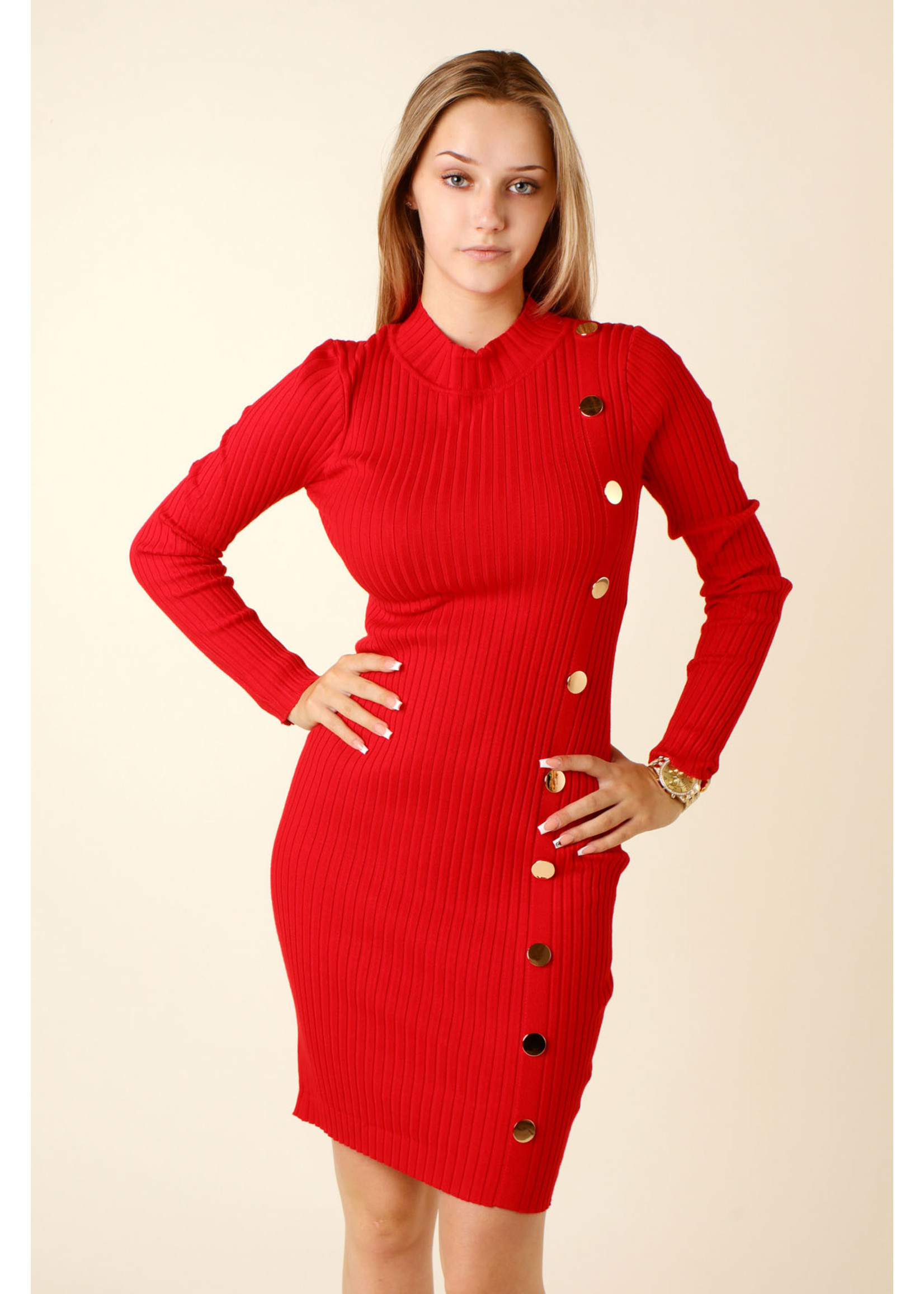 Moocci Fitted Dress Side Buttons - RED
