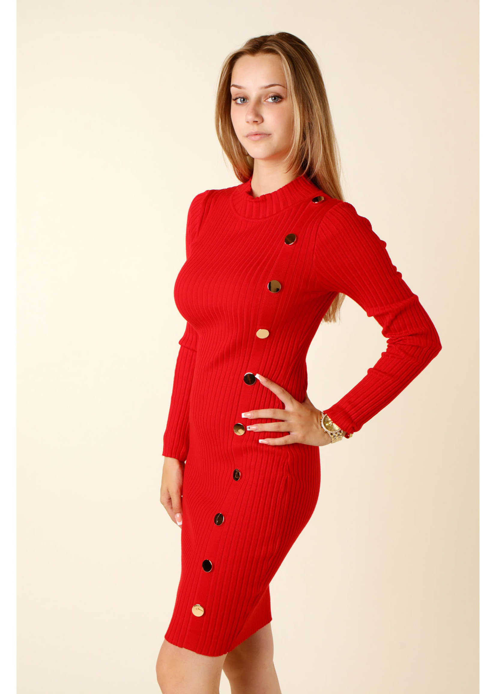 Moocci Fitted Dress Side Buttons - RED