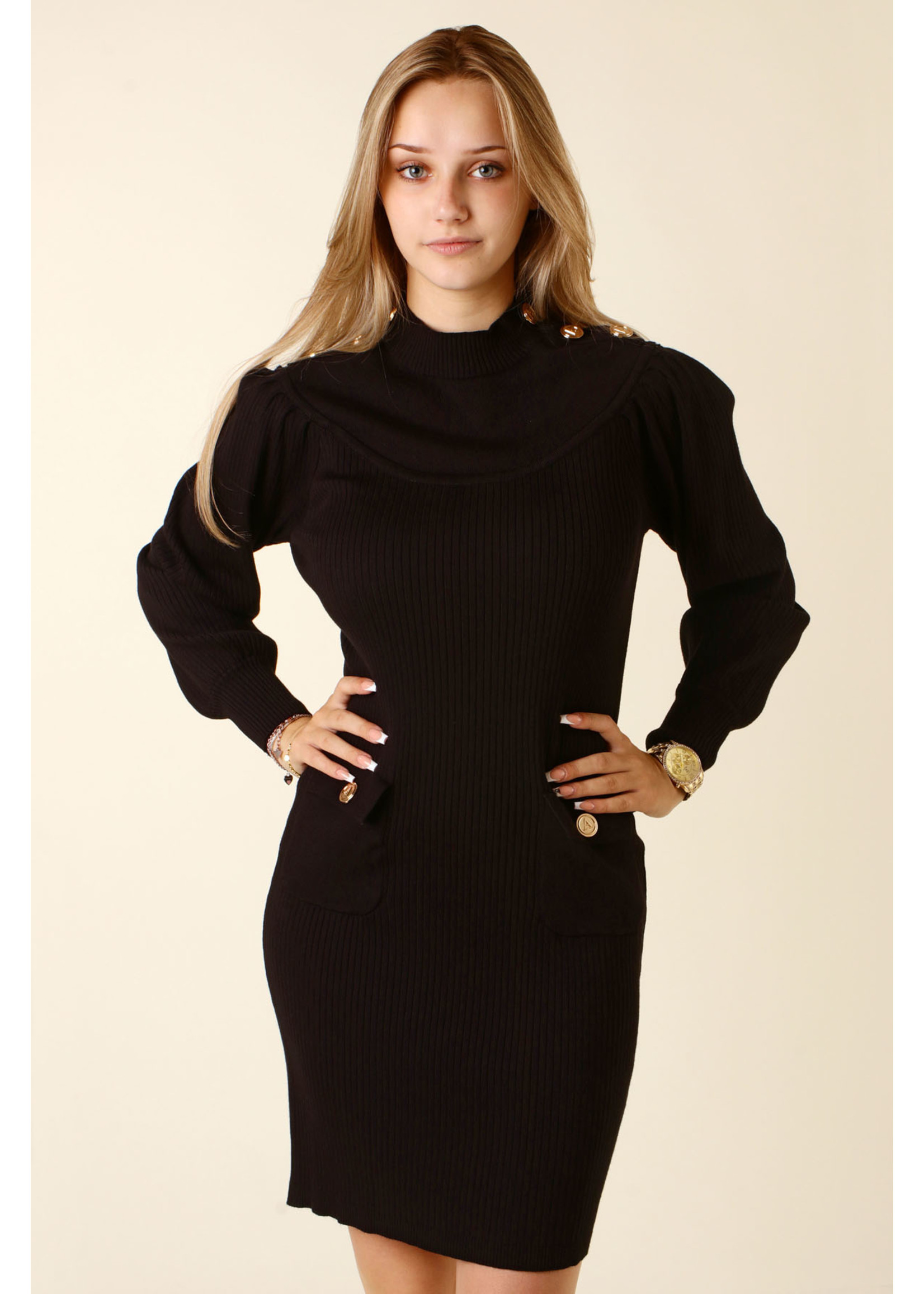 Allyson Fitted Dress with Buttons - BLACK