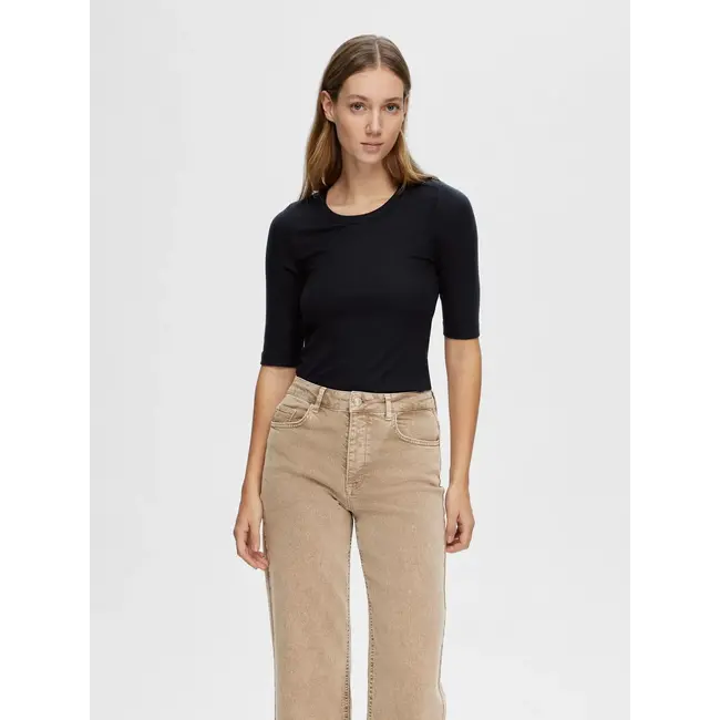 Selected Femme SLFDIANNA 2/4 O-NECK TOP Black