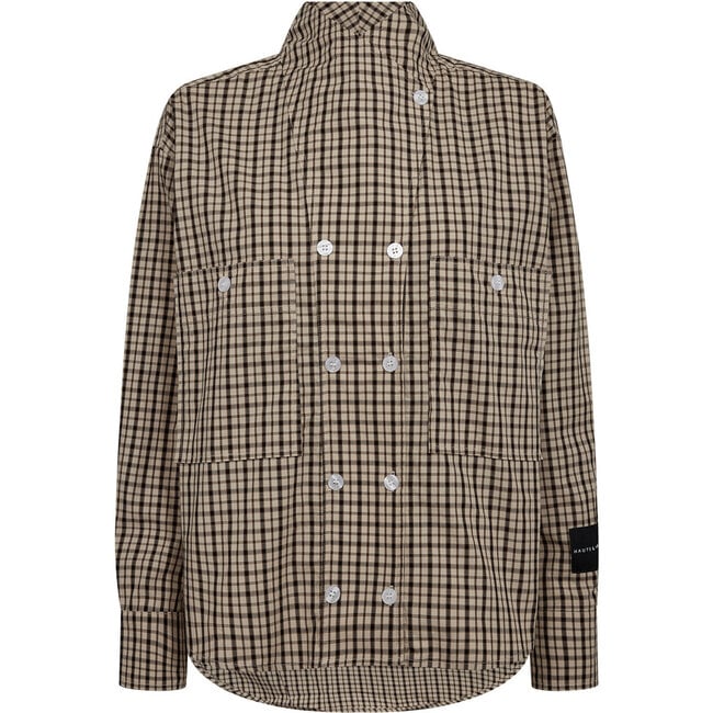 High Collar Check Shirt Beige