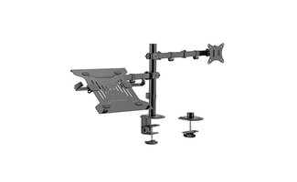 Adjustable desk stand with monitor arm and laptop holder
