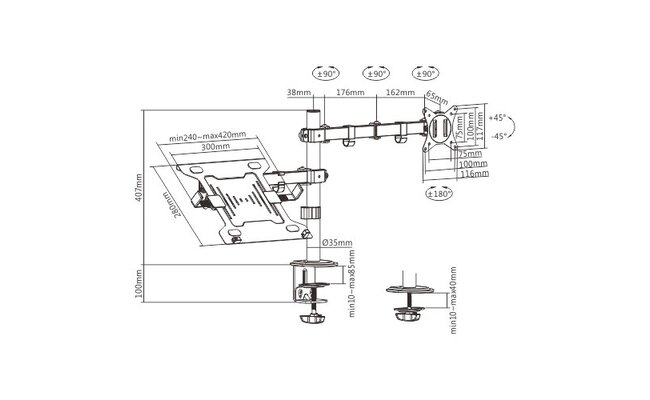Adjustable desk stand with monitor arm and laptop holder