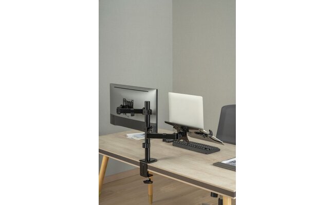 Adjustable desk stand with monitor arm and laptop holder