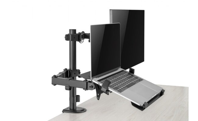 Adjustable desk stand with monitor arm and laptop holder