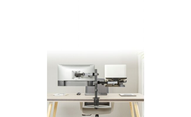 Adjustable desk stand with monitor arm and laptop holder