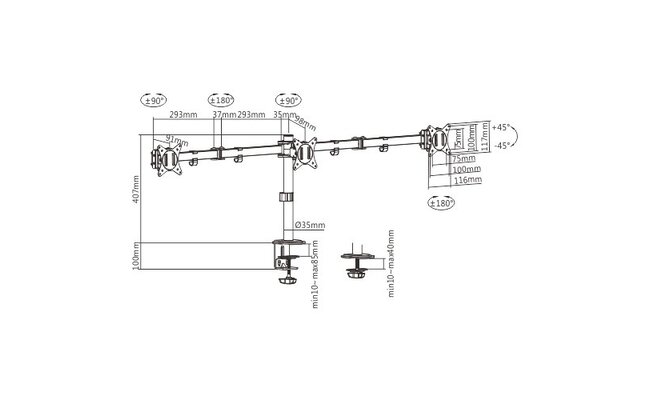 Triple monitor arm for desk mounting, 17”-27”