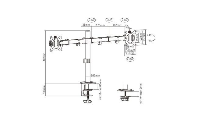 Dubbele monitorarm voor bureau-montage, 17”-32”