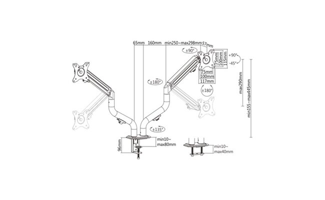Dual monitor arm with gas spring (swivel), 17”-32”