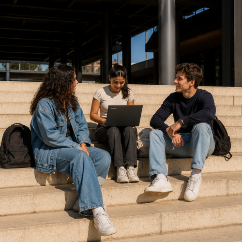 Studenten werken samen buiten op de campus met een laptop