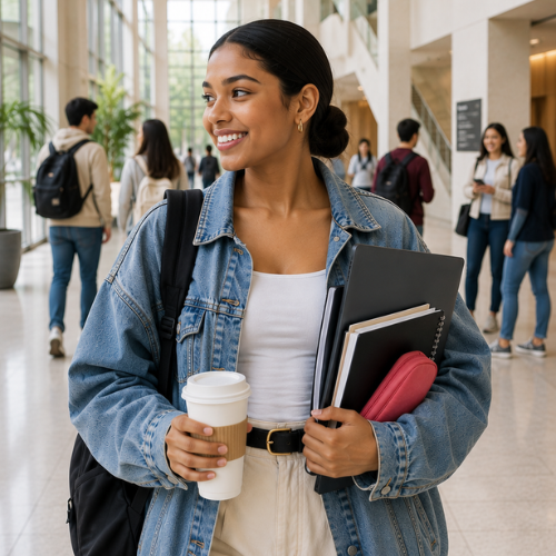 Studente loopt door de campus met haar spullen onder de arm