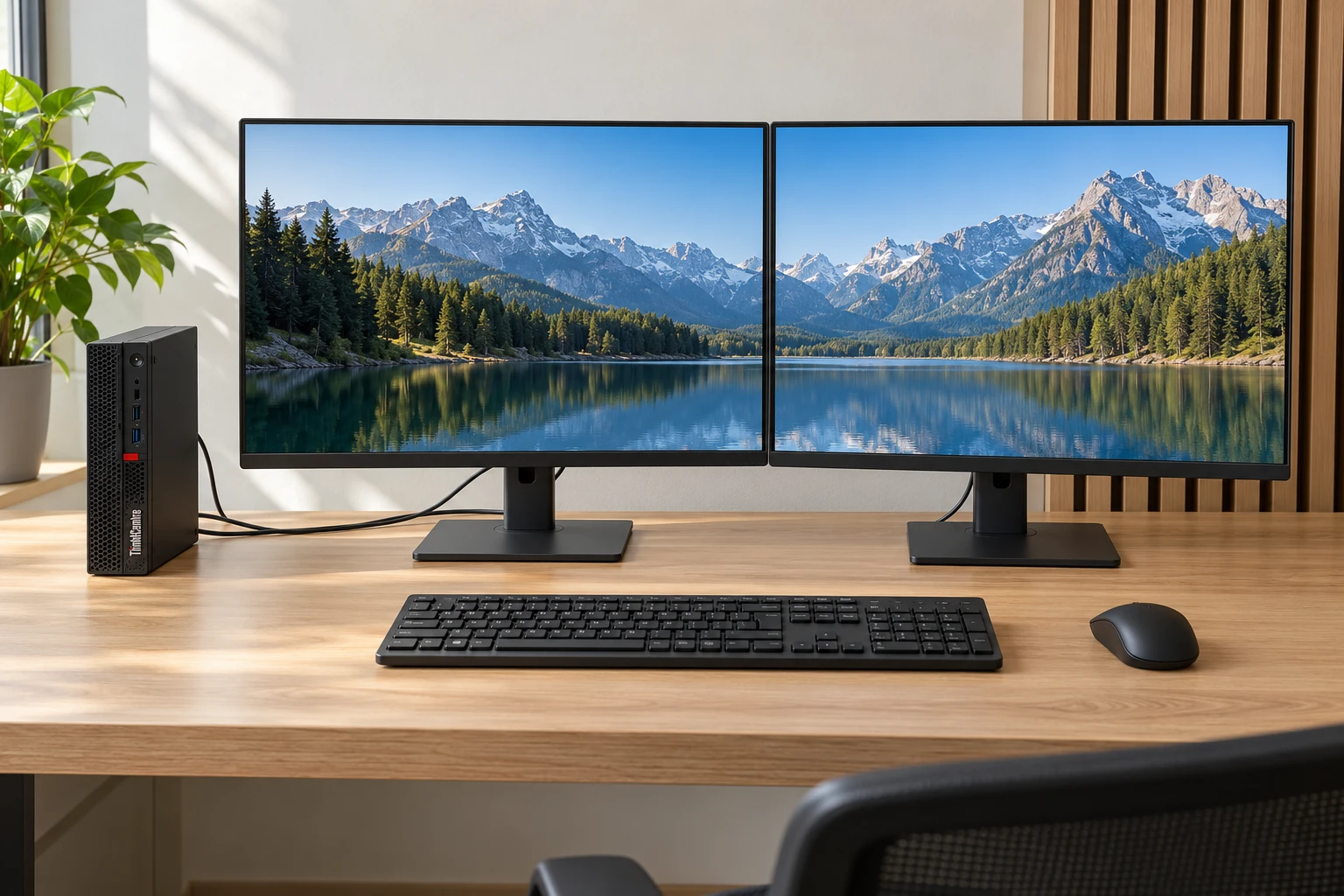 Complete desktopwerkplek met Lenovo ThinkCentre, twee schermen, toetsenbord en muis