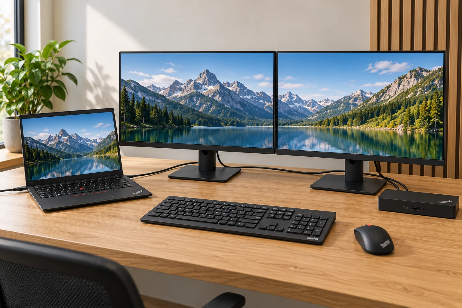 Complete ThinkPad-werkplek met twee schermen, dockingstation, toetsenbord en muis