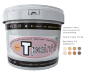 Tierrafino T-Paint – Ecologische leemverf met korrelstructuur voor muren en plafonds. 8 basiskleuren, 6 & 12,5 kg, damp-open en warmteregulerend.