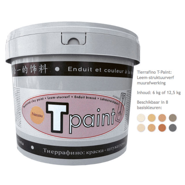 Tierrafino T-Paint – Ecologische leemverf met korrelstructuur voor muren en plafonds. 8 basiskleuren, 6 & 12,5 kg, damp-open en warmteregulerend.