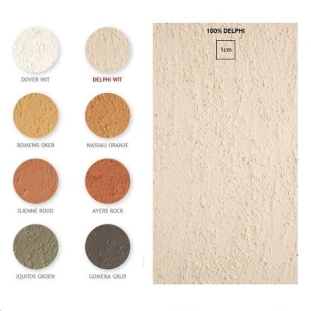 Tierrafino T-Paint – Ecologische leemverf met korrelstructuur voor muren en plafonds. 8 basiskleuren, 6 & 12,5 kg, damp-open en warmteregulerend.