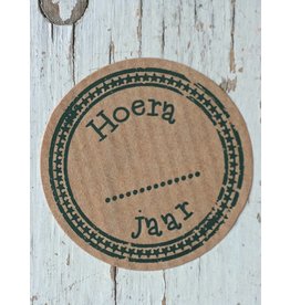 Ronde craft sticker Hoera .... jaar, 5st