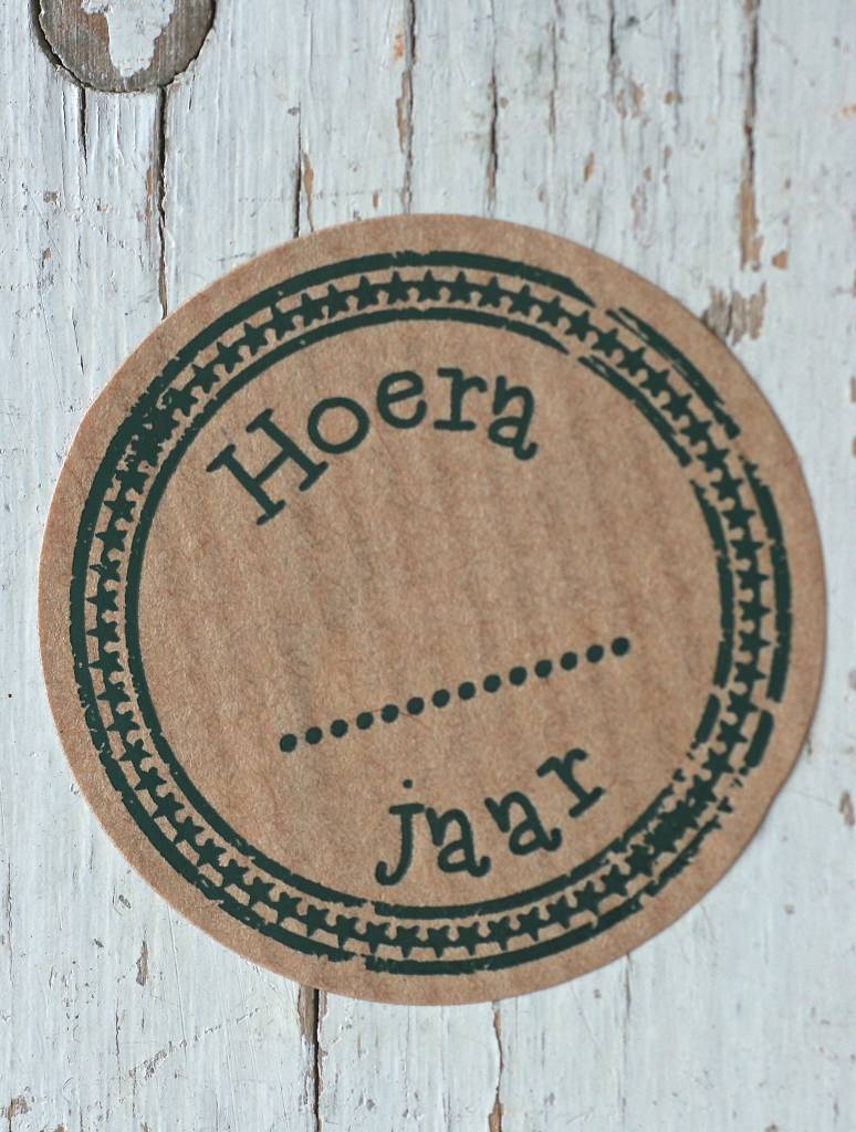 Ronde craft sticker Hoera .... jaar, 5st