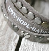 Driedubbele leren Armband met tekst en studs, grijs
