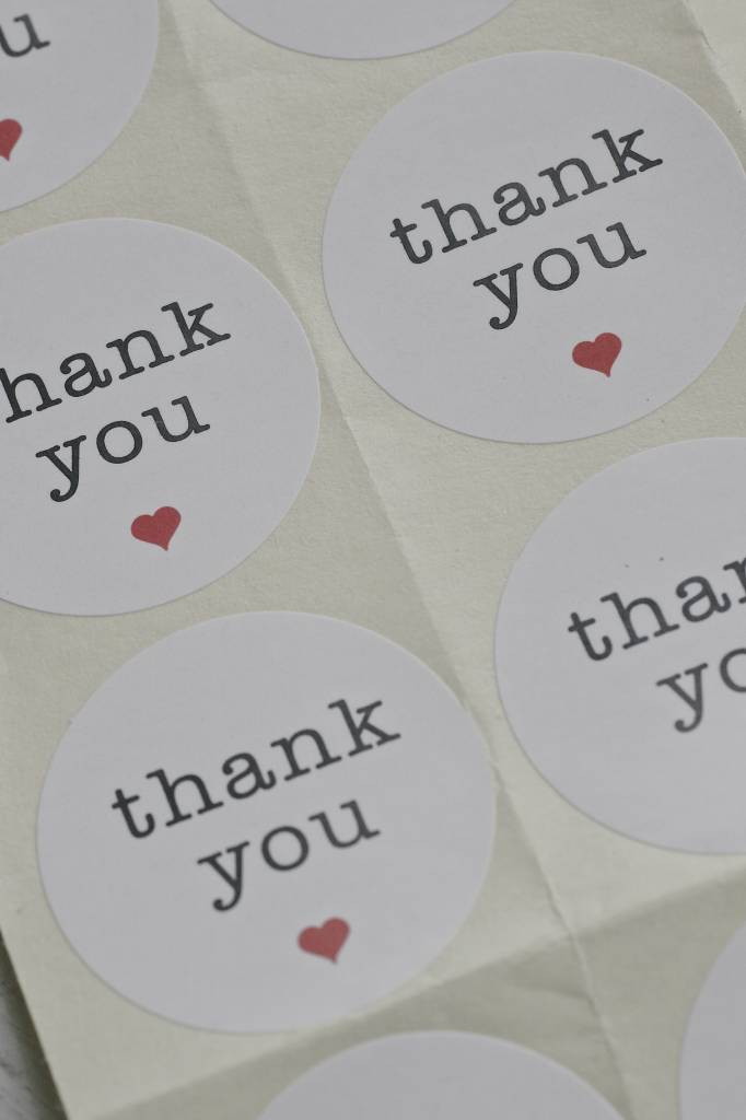 Ronde sticker thank you, wit, 6st