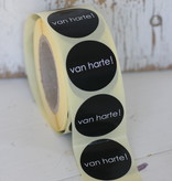 Ronde sticker 'van harte' zwart/wit, 10st