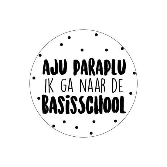 Ronde sticker 'Aju paraplu ik ga naar de basisschool' wit/zwart, 10st