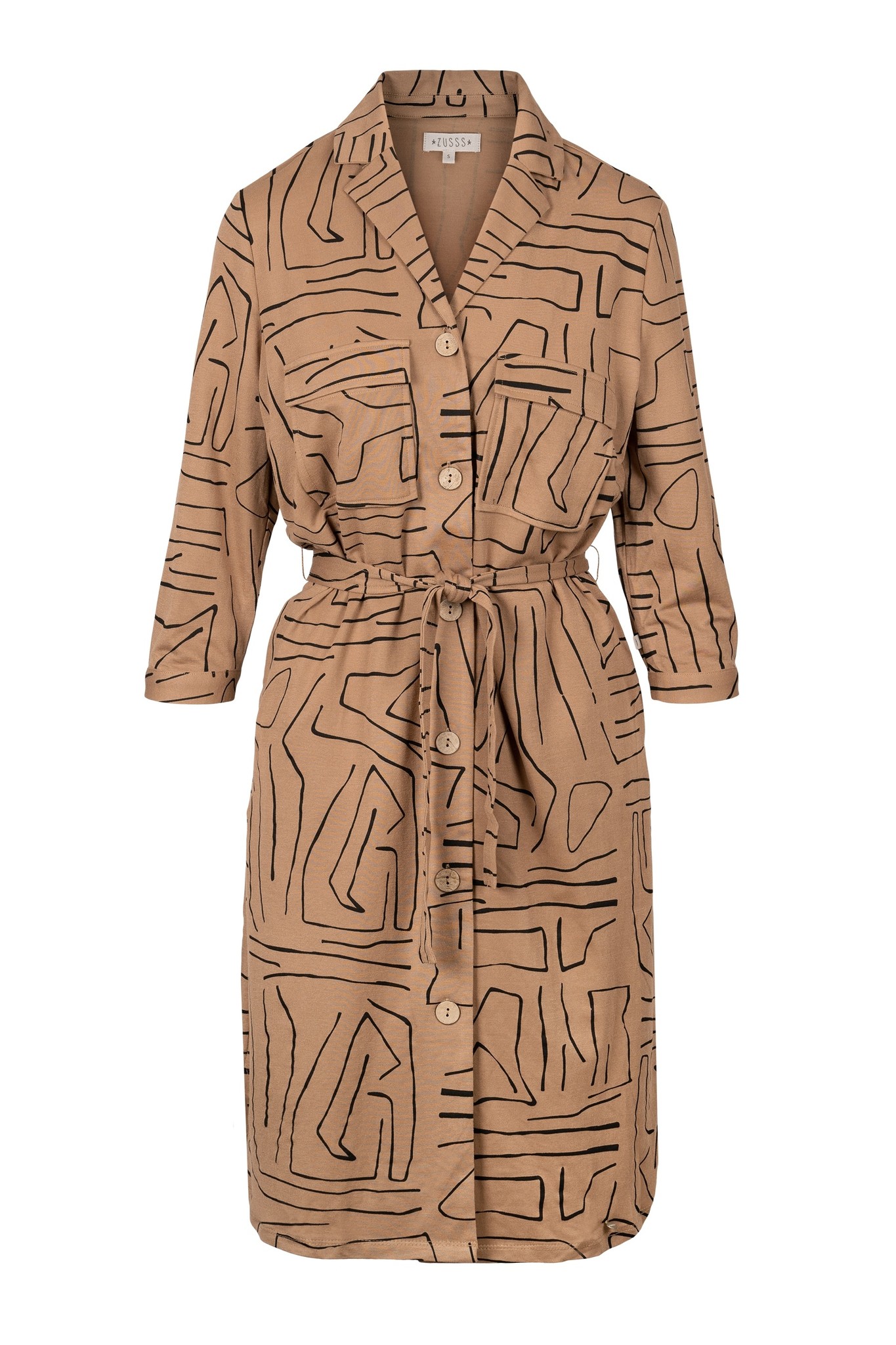 Zusss Doorknoopjurk met safariprint - kaki