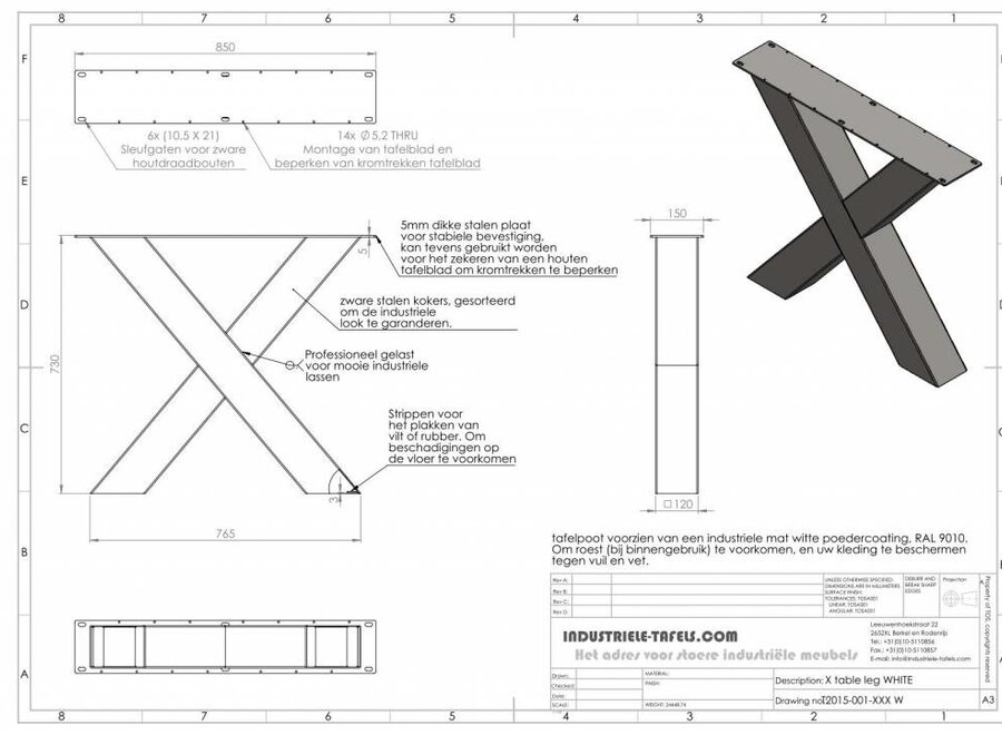 Handgemaakte industrieel tafelonderstel, model X Zwaar WIT (kruispoot)