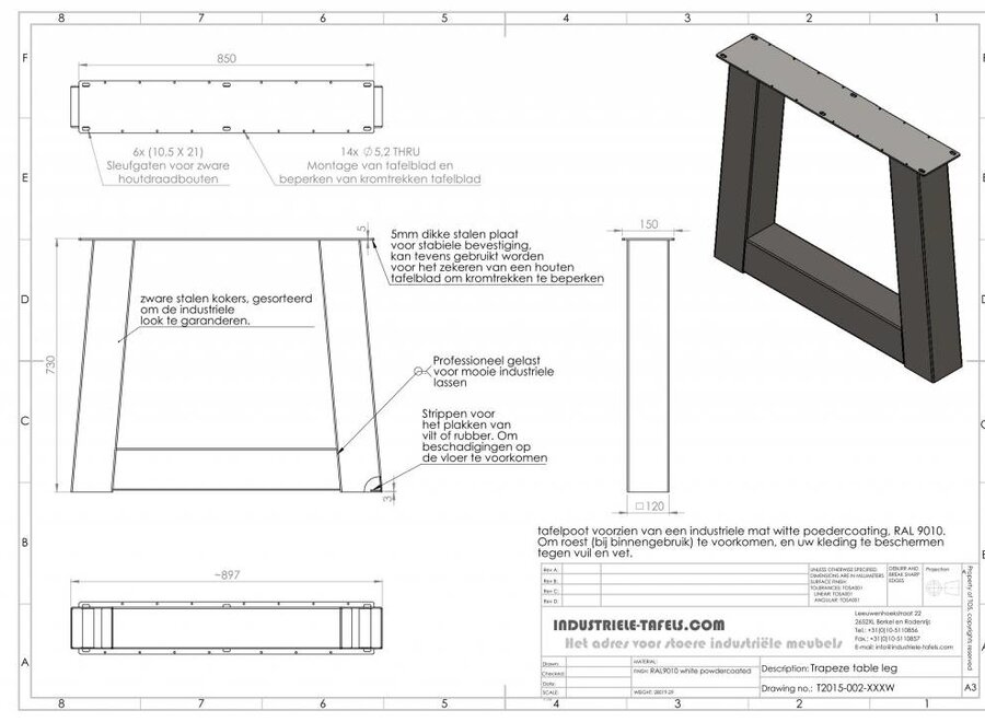Handgemaakt industrieel tafelonderstel Trapezium poot Zwaar WIT
