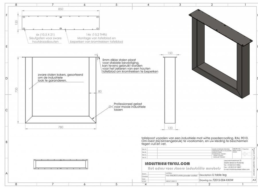 Handgemaakt Industrieel tafelonderstel U tafelpoot Zwaar WIT