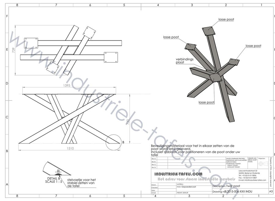 Handgemaakt industrieel tafelonderstel Twist 8x8 tafelpoot WIT