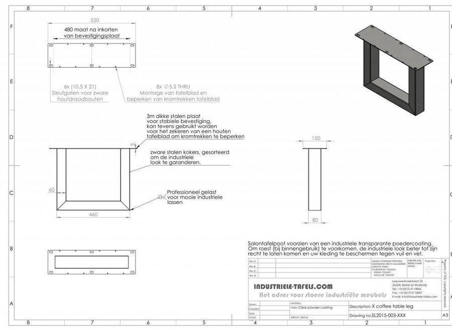 Handgemaakt industrieel salontafel onderstel U poot Standaard WIT