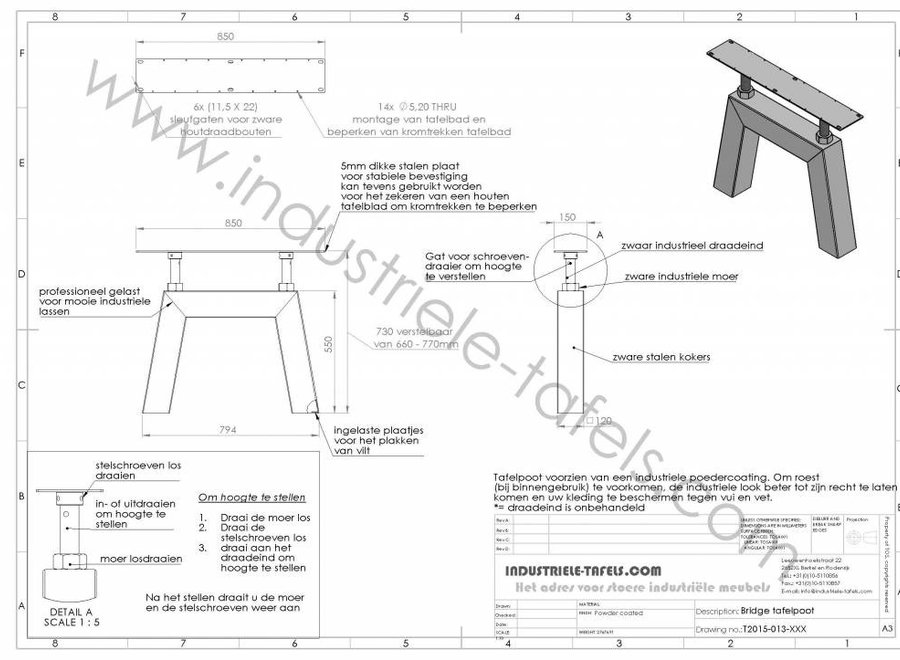 Verstelbaar industrieel tafelonderstel Bridge poot Zwaar zwart
