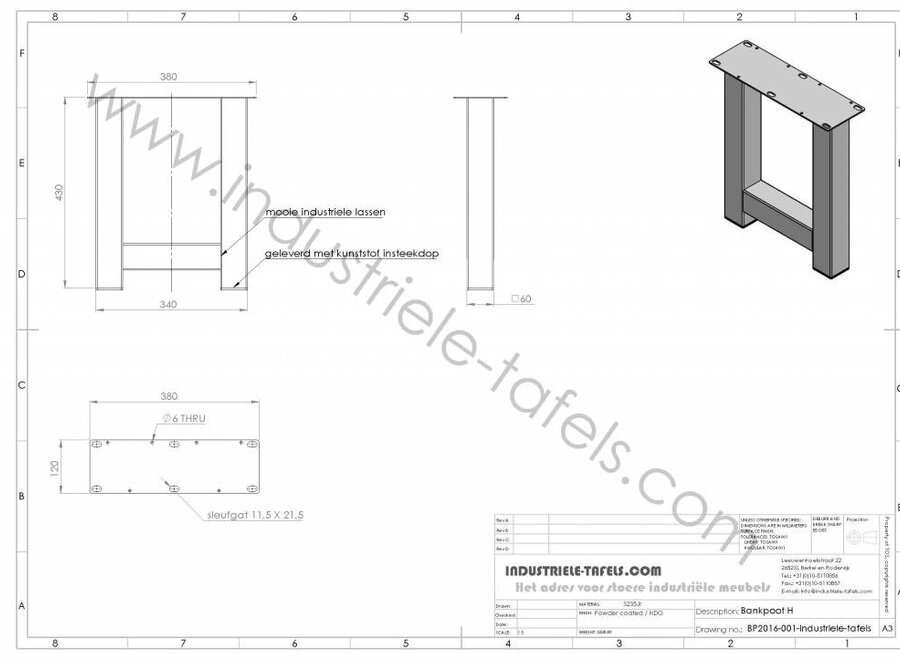 Losse industriele bankpoot model H zwart