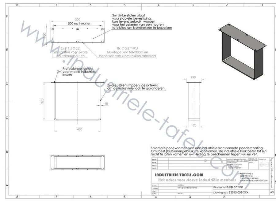Handgemaakt industrieel salontafel onderstel Strip poot Zwaar mat zwarte coating