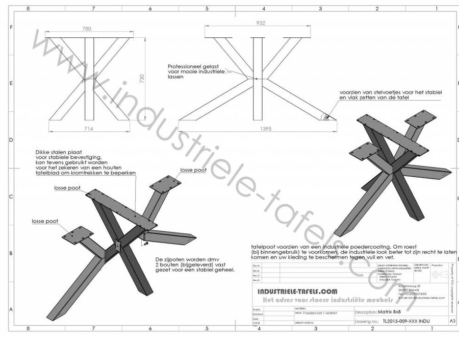 Handgemaakt industrieel tafelonderstel Matrix 8x8 tafelpoot zwart