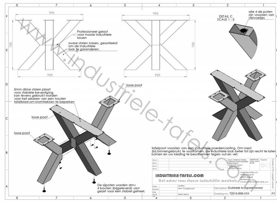Tafelonderstel dubbele kruispoot Zwaar WIT