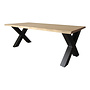 Industriële tafel voorzien X tafelpoten en eiken tafelblad.