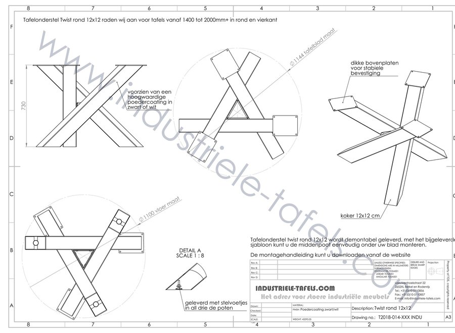 Stalen twist rond tafelpoot 12x12 wit